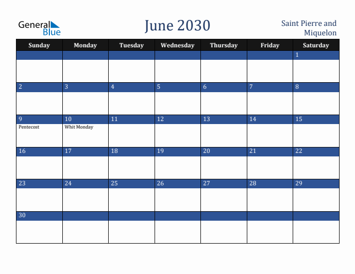 June 2030 Saint Pierre and Miquelon Calendar (Sunday Start)