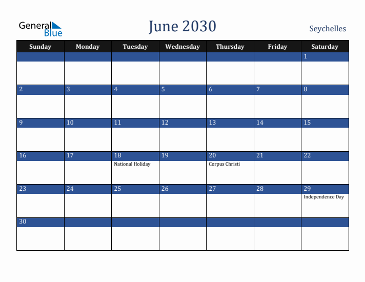 June 2030 Seychelles Calendar (Sunday Start)