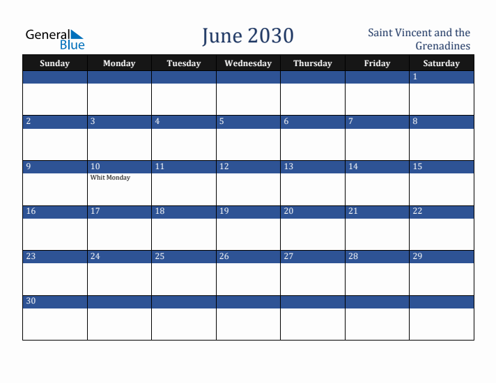 June 2030 Saint Vincent and the Grenadines Calendar (Sunday Start)