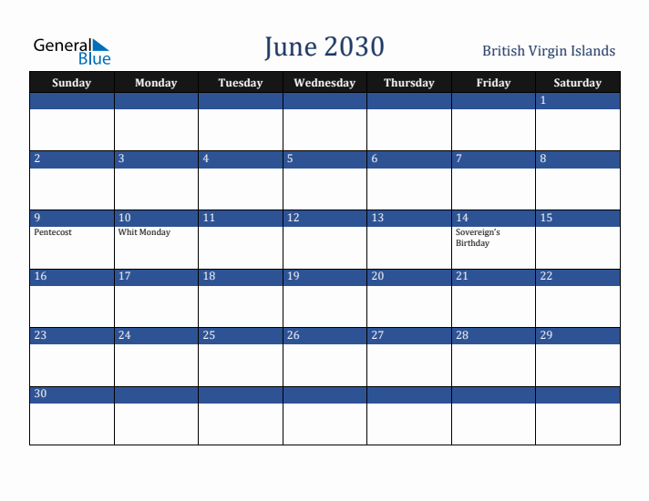 June 2030 British Virgin Islands Calendar (Sunday Start)