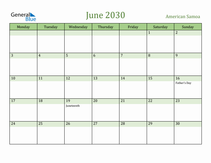 June 2030 Calendar with American Samoa Holidays