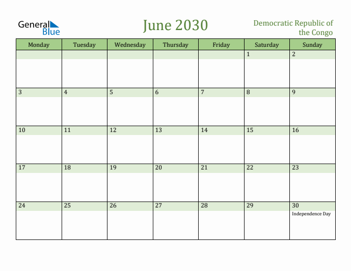 June 2030 Calendar with Democratic Republic of the Congo Holidays