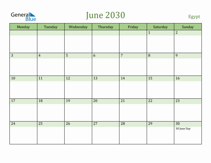 June 2030 Calendar with Egypt Holidays