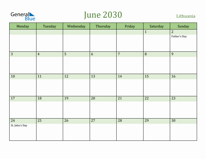 June 2030 Calendar with Lithuania Holidays