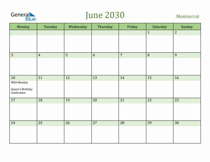 June 2030 Calendar with Montserrat Holidays