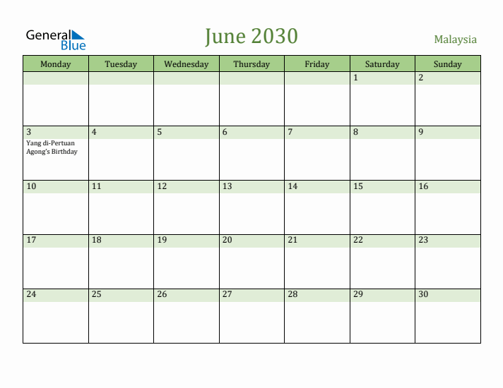 June 2030 Calendar with Malaysia Holidays