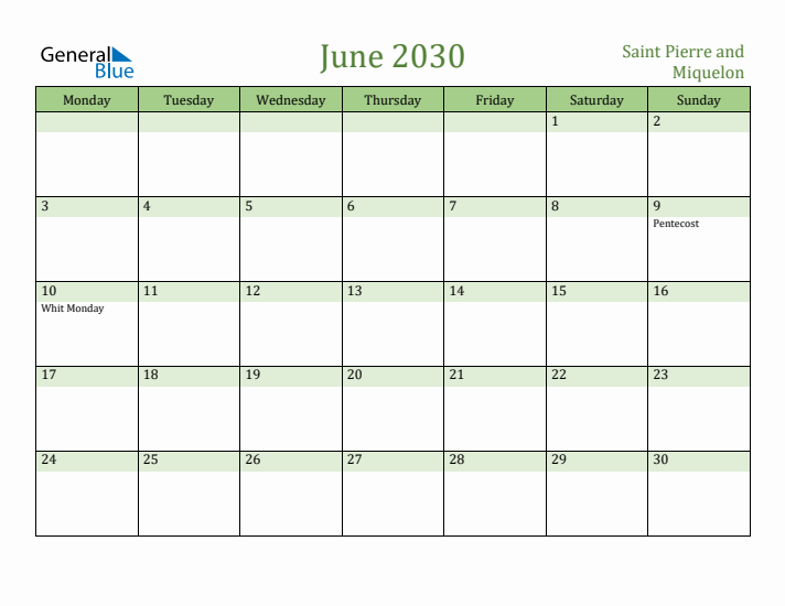 June 2030 Calendar with Saint Pierre and Miquelon Holidays