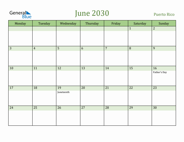 June 2030 Calendar with Puerto Rico Holidays
