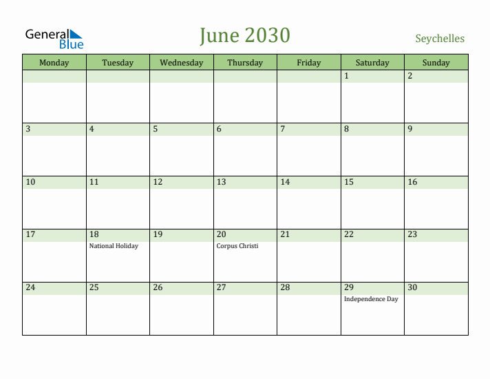 June 2030 Calendar with Seychelles Holidays