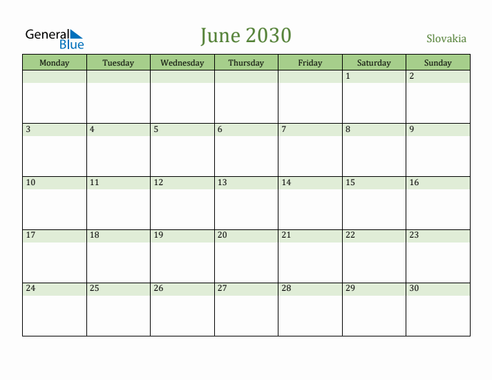 June 2030 Calendar with Slovakia Holidays