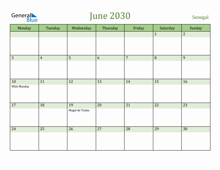 June 2030 Calendar with Senegal Holidays