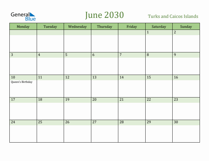 June 2030 Calendar with Turks and Caicos Islands Holidays