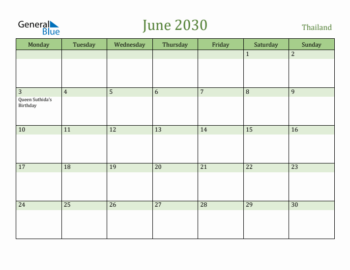 June 2030 Calendar with Thailand Holidays