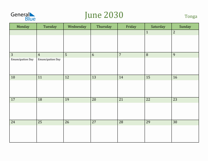 June 2030 Calendar with Tonga Holidays