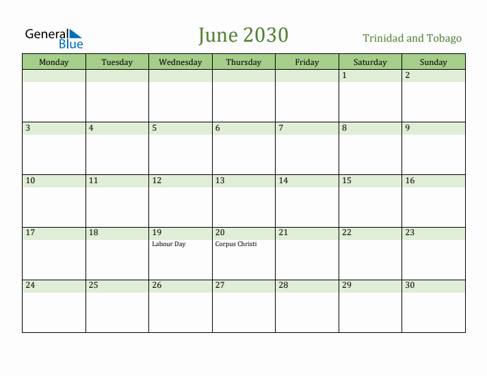 June 2030 Calendar with Trinidad and Tobago Holidays