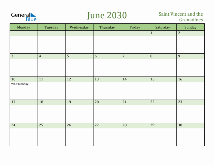 June 2030 Calendar with Saint Vincent and the Grenadines Holidays