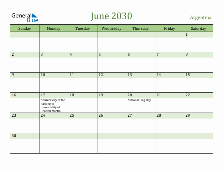 June 2030 Calendar with Argentina Holidays