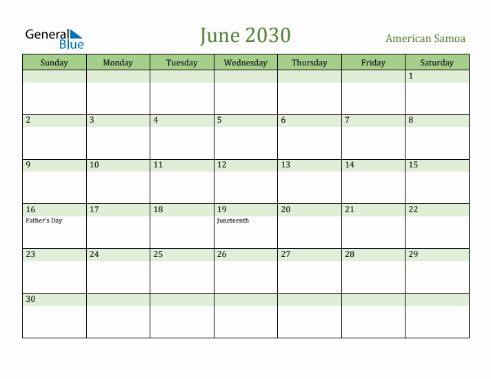 June 2030 Calendar with American Samoa Holidays