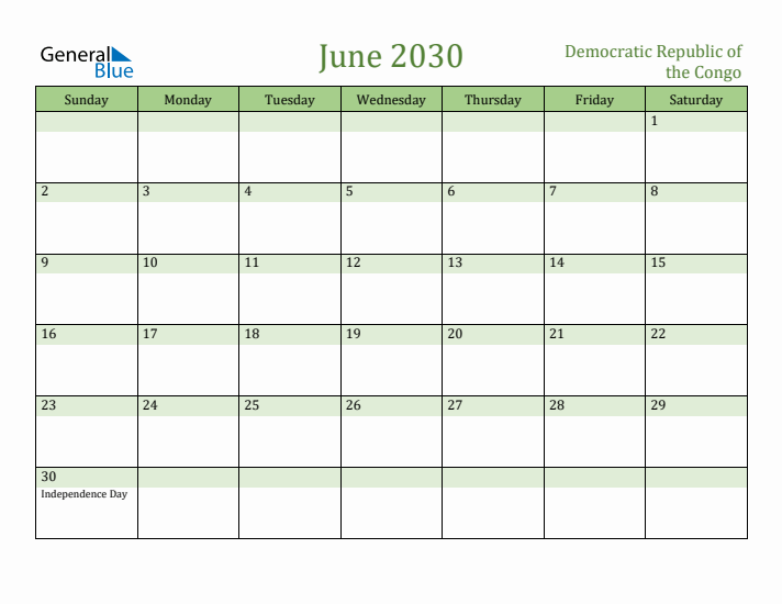 June 2030 Calendar with Democratic Republic of the Congo Holidays