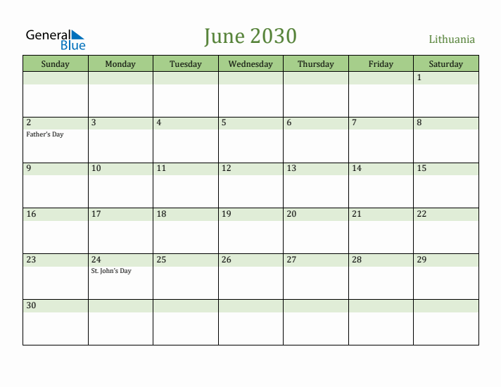 June 2030 Calendar with Lithuania Holidays