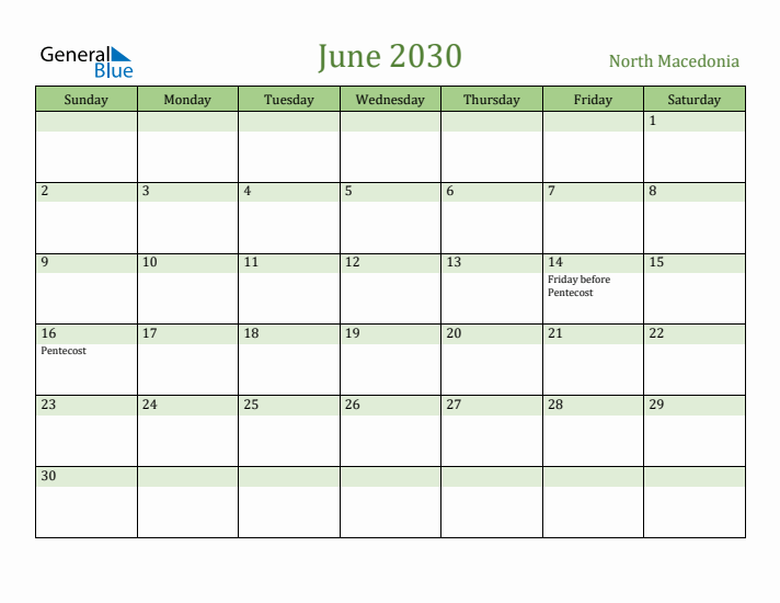 June 2030 Calendar with North Macedonia Holidays