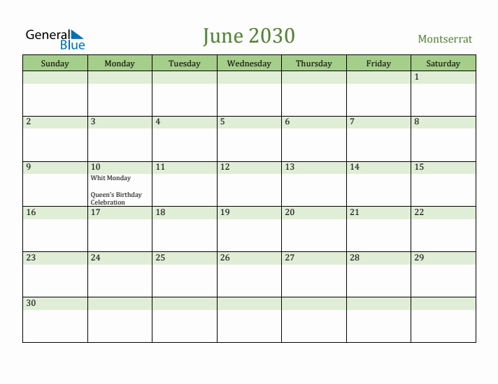 June 2030 Calendar with Montserrat Holidays