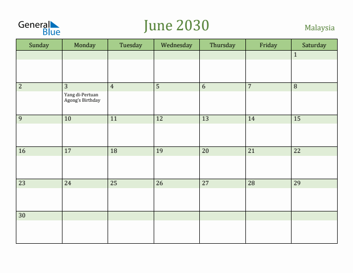 June 2030 Calendar with Malaysia Holidays