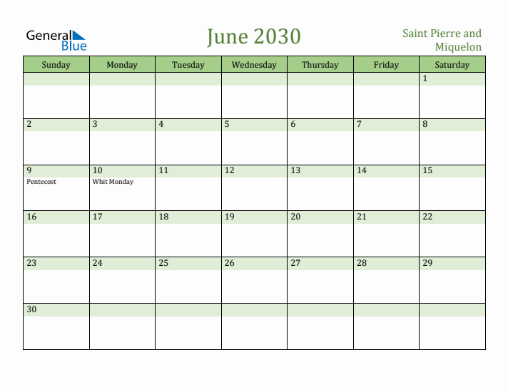 June 2030 Calendar with Saint Pierre and Miquelon Holidays