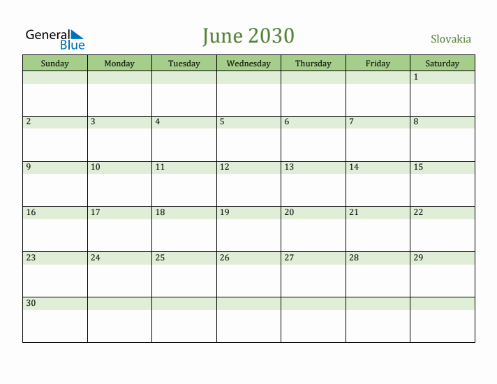 June 2030 Calendar with Slovakia Holidays