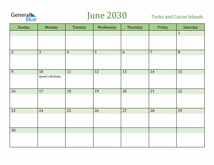 June 2030 Calendar with Turks and Caicos Islands Holidays