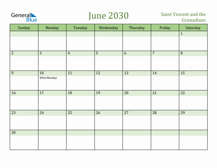 June 2030 Calendar with Saint Vincent and the Grenadines Holidays