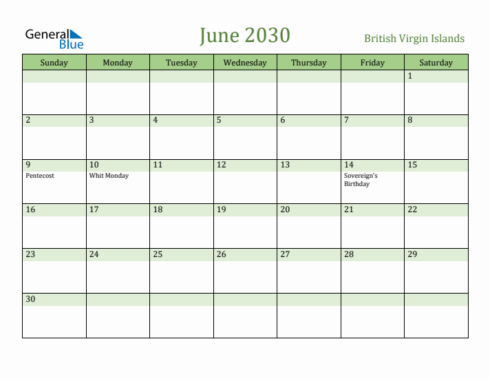 June 2030 Calendar with British Virgin Islands Holidays