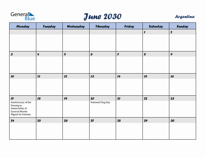 June 2030 Calendar with Holidays in Argentina