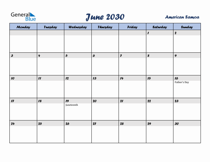June 2030 Calendar with Holidays in American Samoa