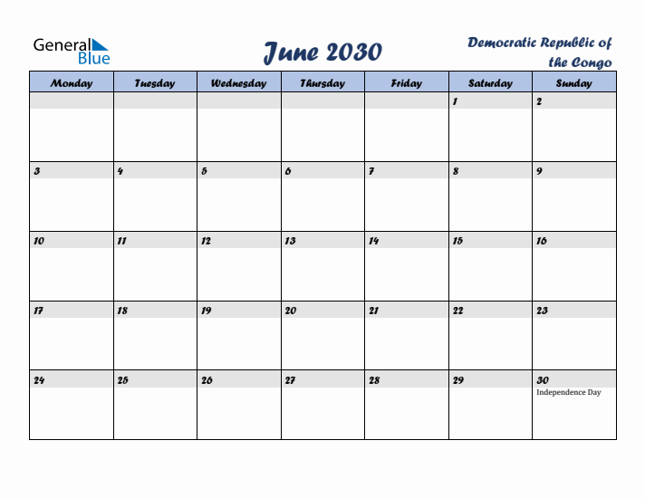 June 2030 Calendar with Holidays in Democratic Republic of the Congo