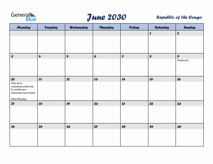 June 2030 Calendar with Holidays in Republic of the Congo