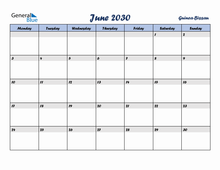 June 2030 Calendar with Holidays in Guinea-Bissau