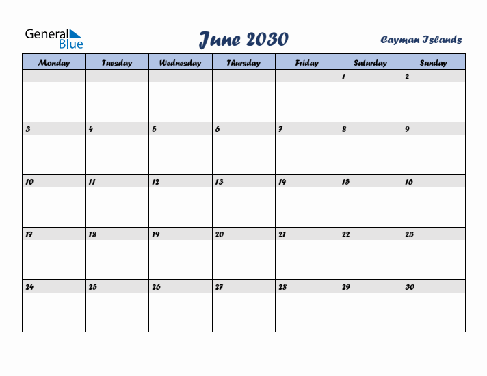 June 2030 Calendar with Holidays in Cayman Islands