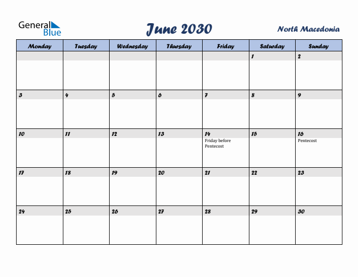 June 2030 Calendar with Holidays in North Macedonia