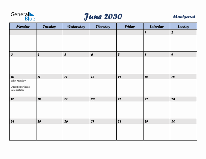 June 2030 Calendar with Holidays in Montserrat
