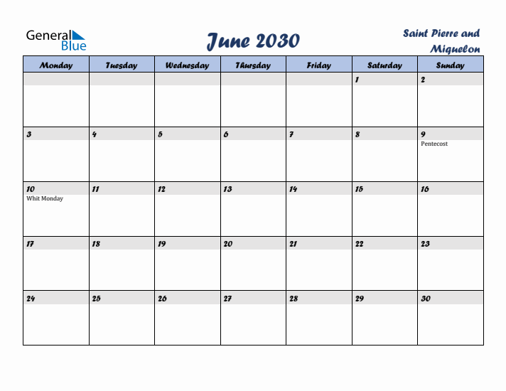 June 2030 Calendar with Holidays in Saint Pierre and Miquelon