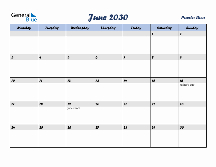 June 2030 Calendar with Holidays in Puerto Rico