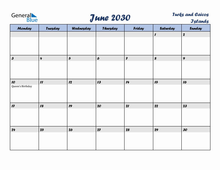June 2030 Calendar with Holidays in Turks and Caicos Islands
