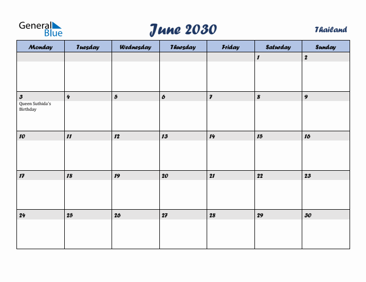 June 2030 Calendar with Holidays in Thailand