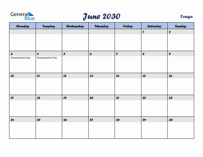 June 2030 Calendar with Holidays in Tonga