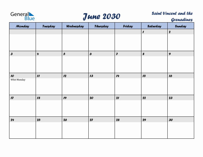 June 2030 Calendar with Holidays in Saint Vincent and the Grenadines