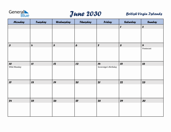 June 2030 Calendar with Holidays in British Virgin Islands