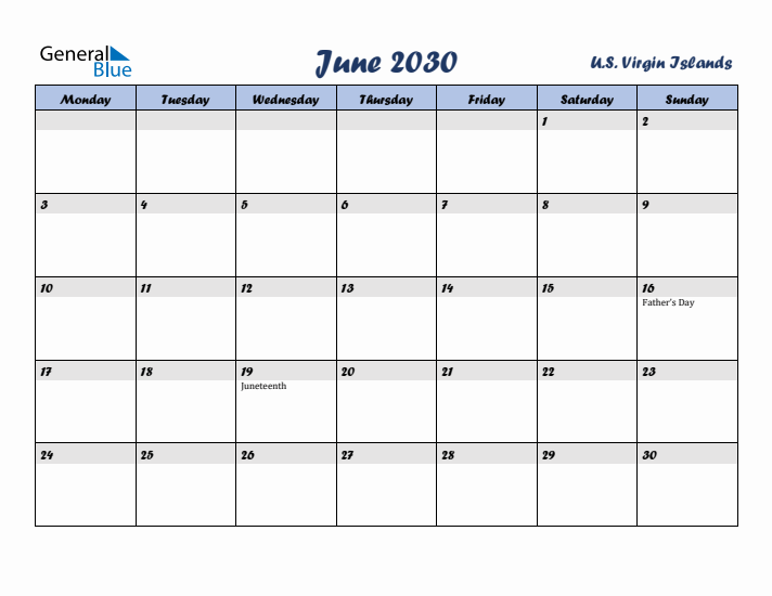June 2030 Calendar with Holidays in U.S. Virgin Islands