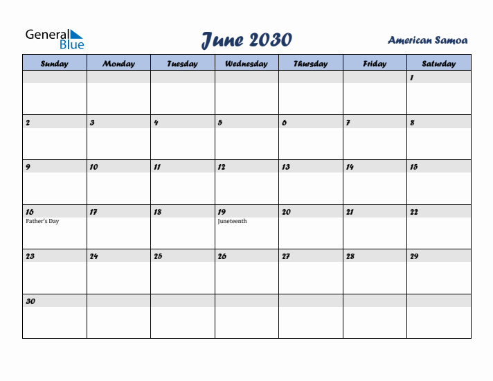 June 2030 Calendar with Holidays in American Samoa