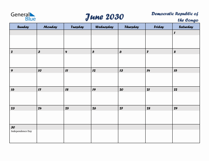 June 2030 Calendar with Holidays in Democratic Republic of the Congo